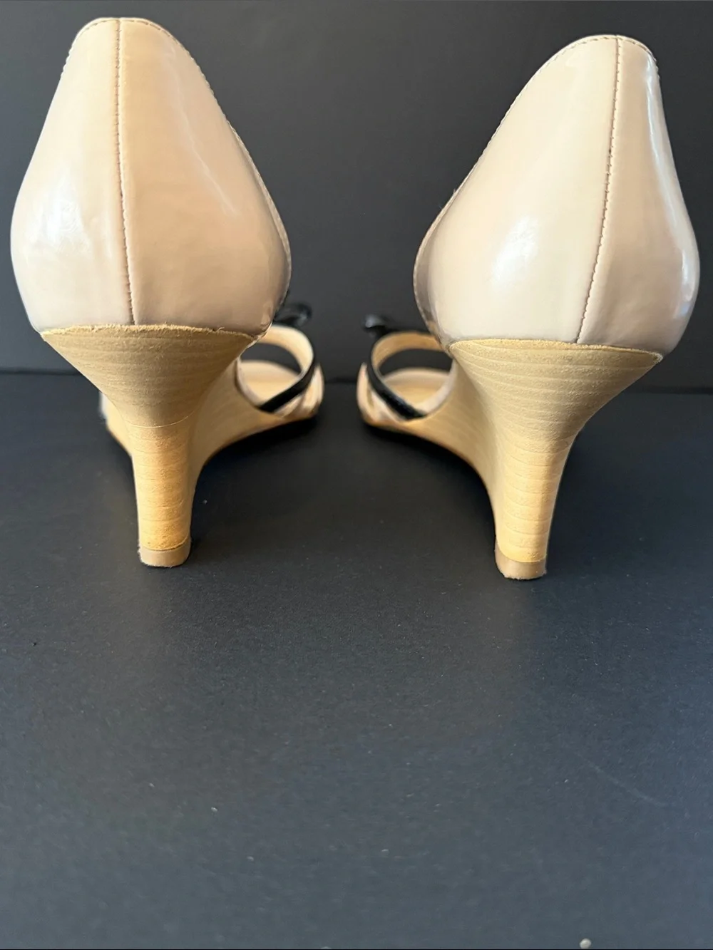 Enzo Angiolini Nude and Black D'Orsay Bow Wedges